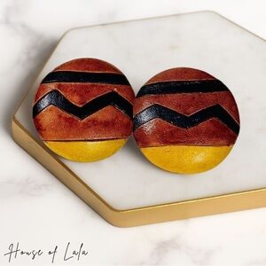 Vintage Leather 90s Boho Round Stud Earrings.